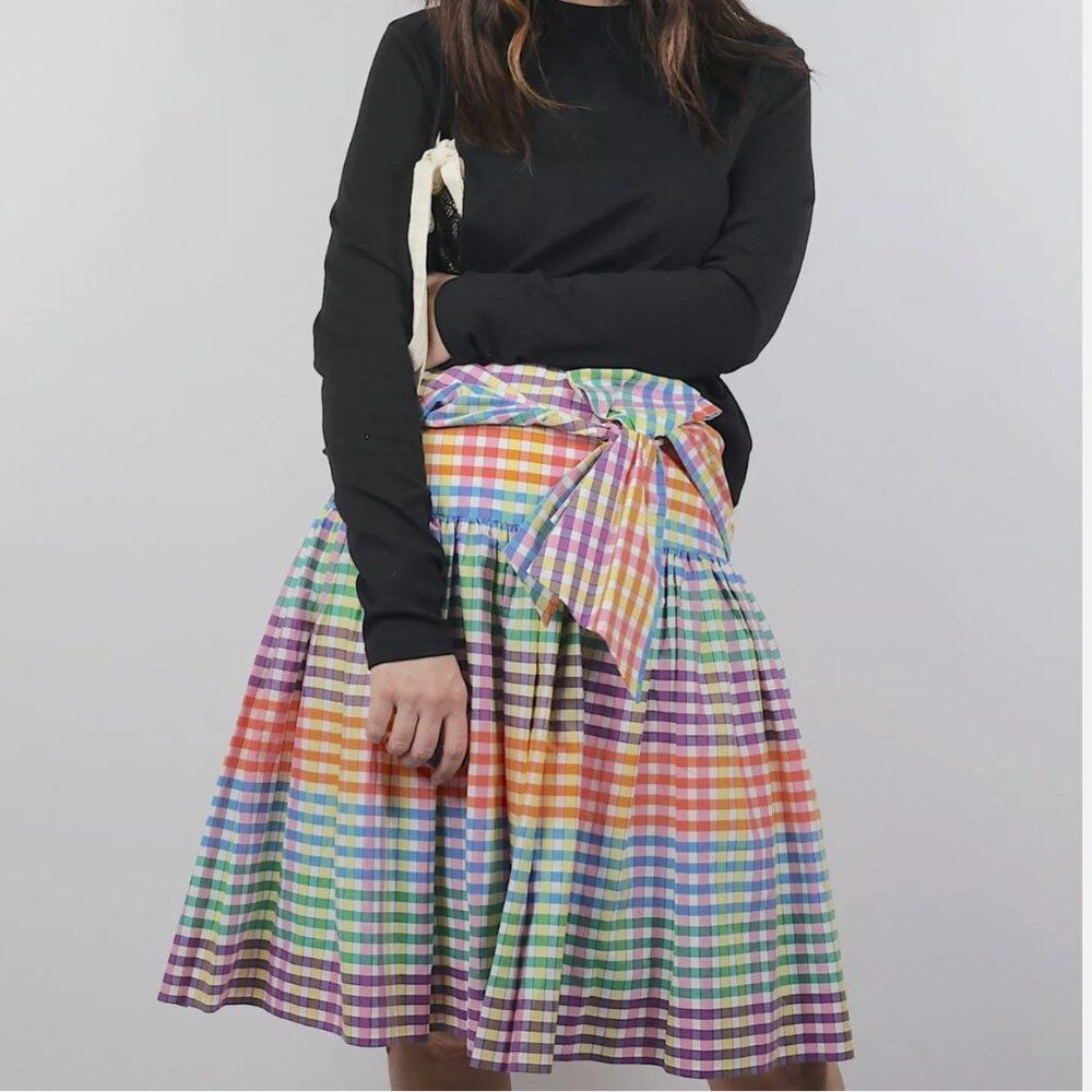 NWT J Crew Sz 0 Bow Tie Front Coquette Preppy Midi Full Skirt Gingham High Wait